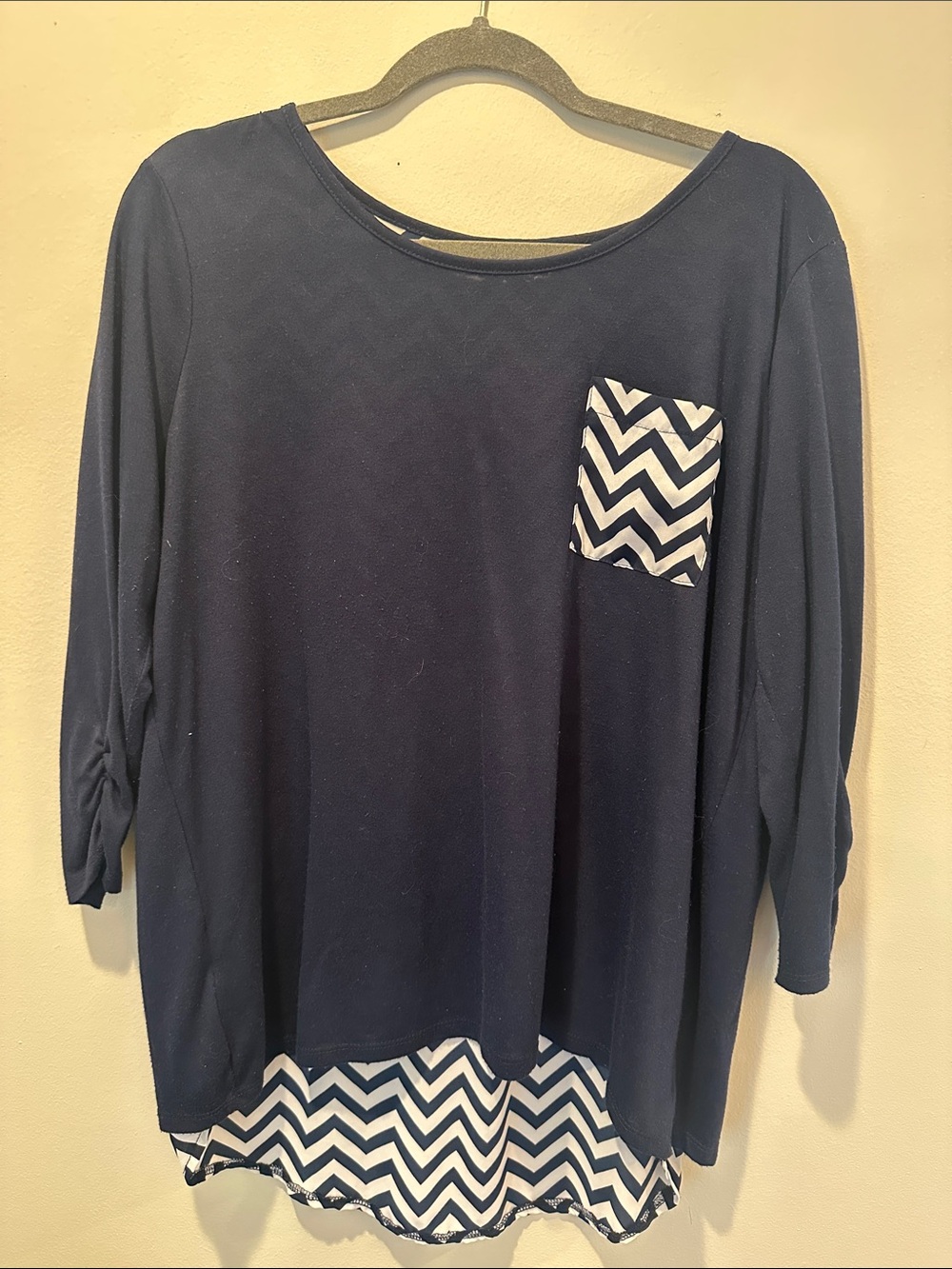 Cato Navy Top with Chevron Pocket and Hem